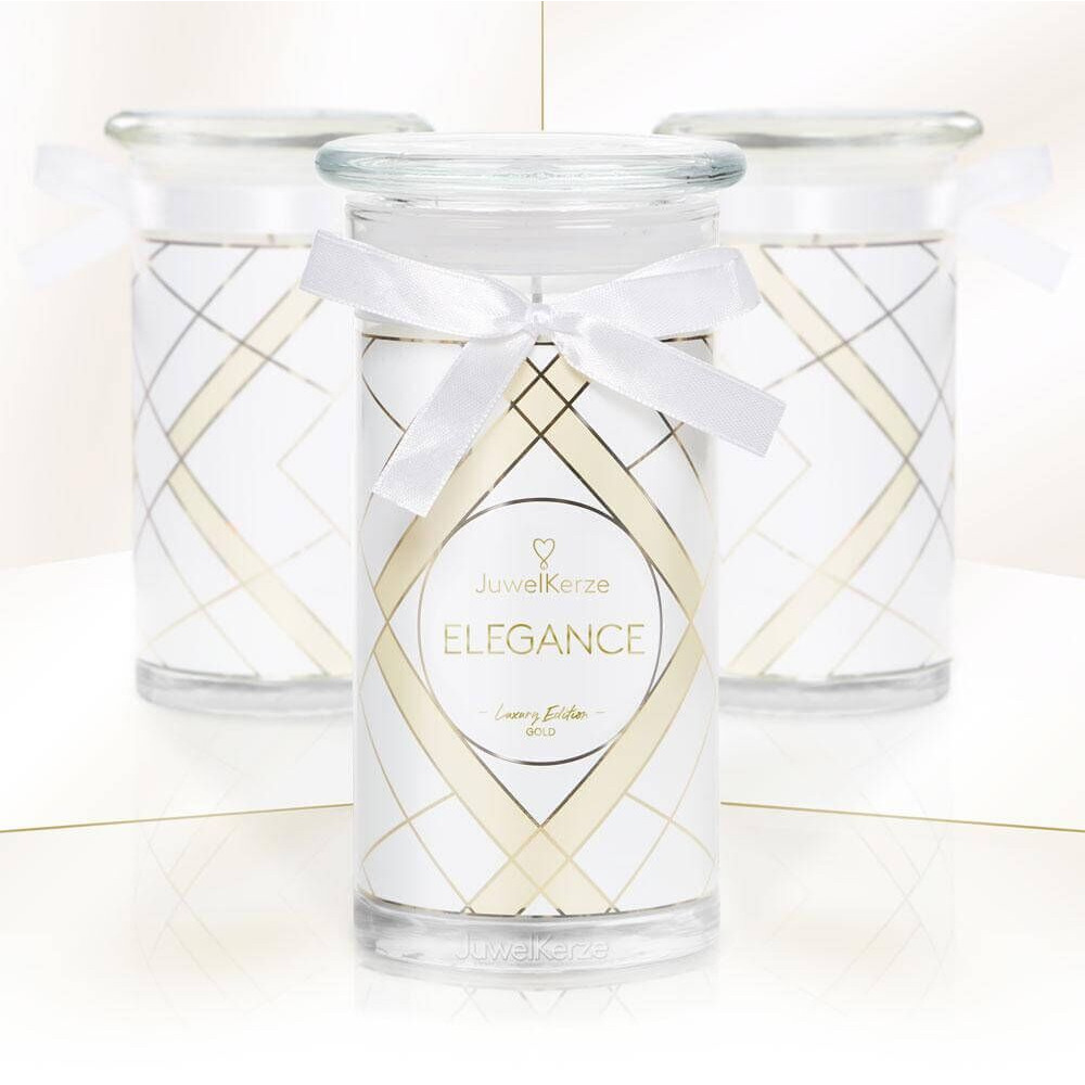 Elegance Kerze mit Schleife Elegance Luxury Edition Kerze im Glas mit weißer Schleife und geometrischem Muster