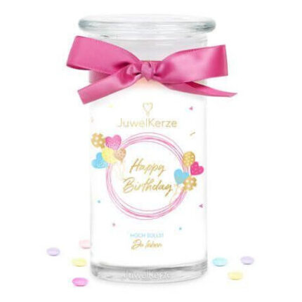 Happy-Birthday-Kerze im Glas mit pinker Schleife und buntem Ballonmotiv