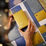 Hände entnehmen eine goldene Schachtel aus dem Adventskalender