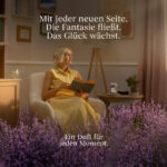 Frau liest in einem Sessel neben einem Yankee Candle Produkt und blühendem Lavendel