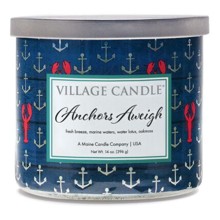 Anchors Aweigh Kerze von Village Candle mit grauem Deckel und maritimem Muster