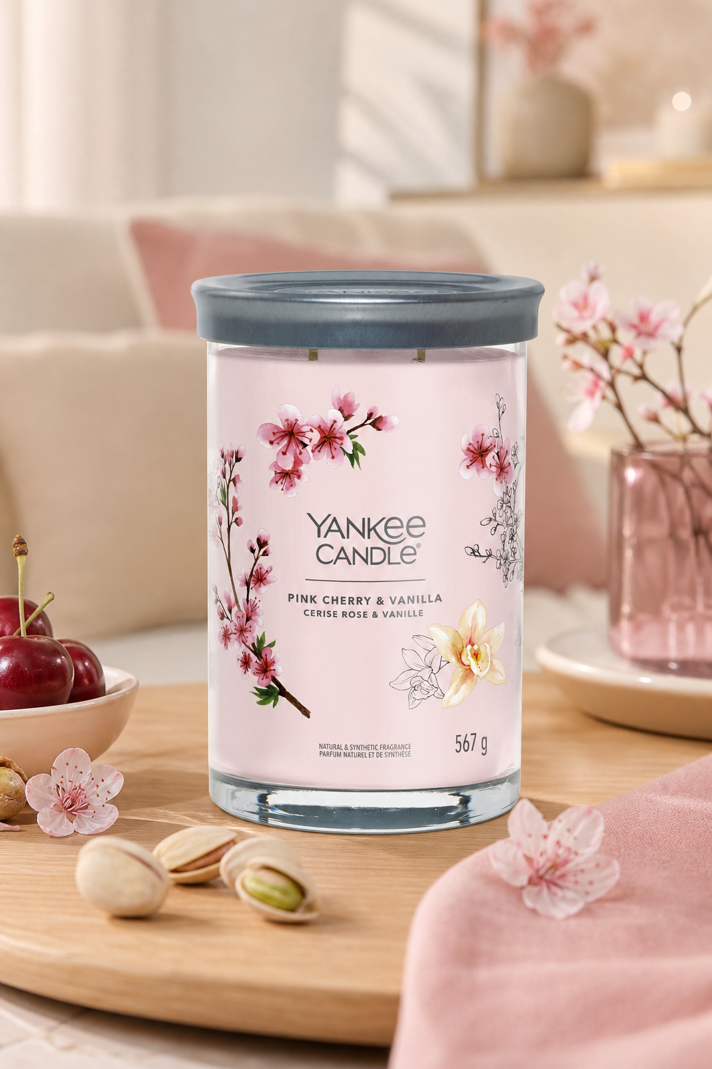 Yankee Candle Pink Cherry & Vanilla Kerze mit Deckel und Blumenmotiv