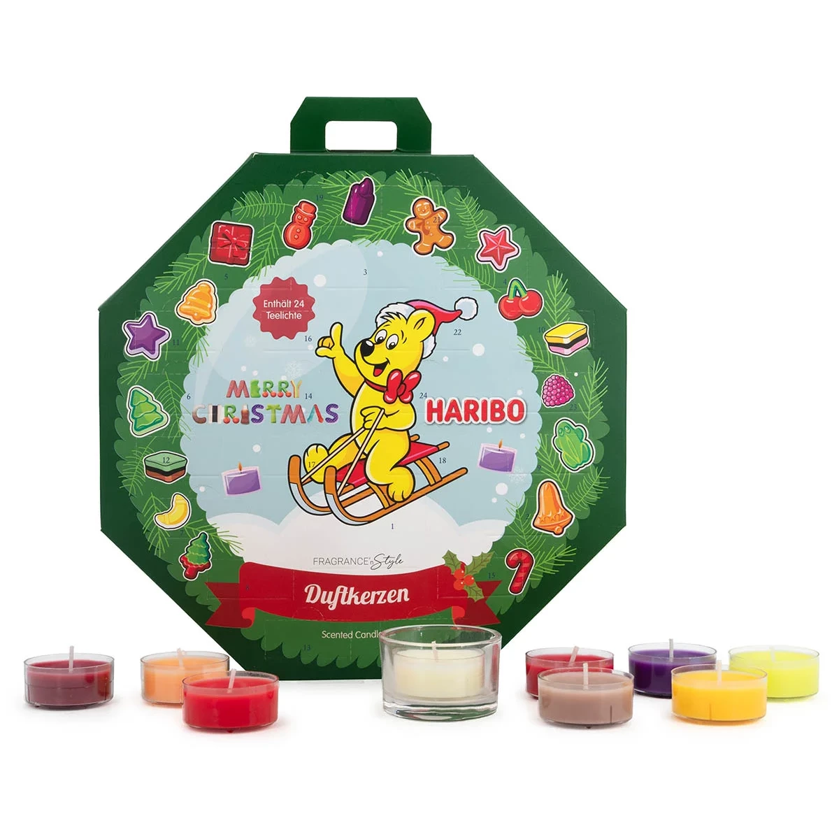 Haribo Adventskalender mit Teelichtern Haribo Adventskalender mit 24 Teelichtern und buntem Weihnachtsmotiv