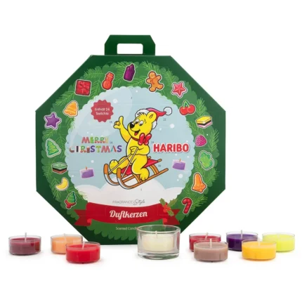 Haribo Adventskalender mit 24 Teelichtern und buntem Weihnachtsmotiv
