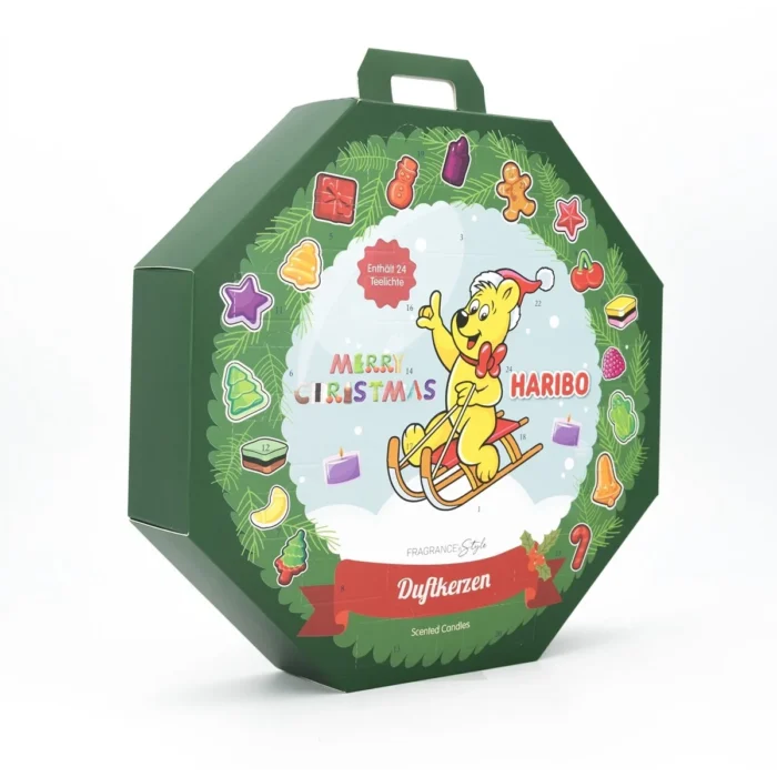 Schräg fotografierter Haribo Adventskalender mit 24 nummerierten Türchen