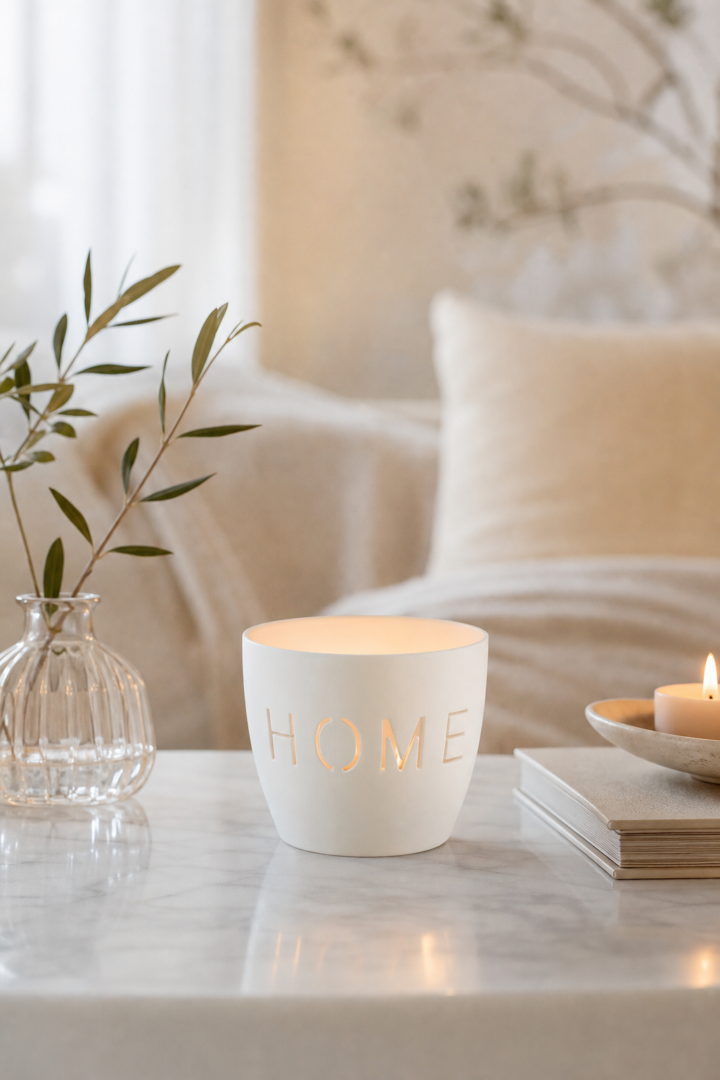 Agra Windlicht Home Porzellan weiß in einer stimmungsvollen Anwendungsszene