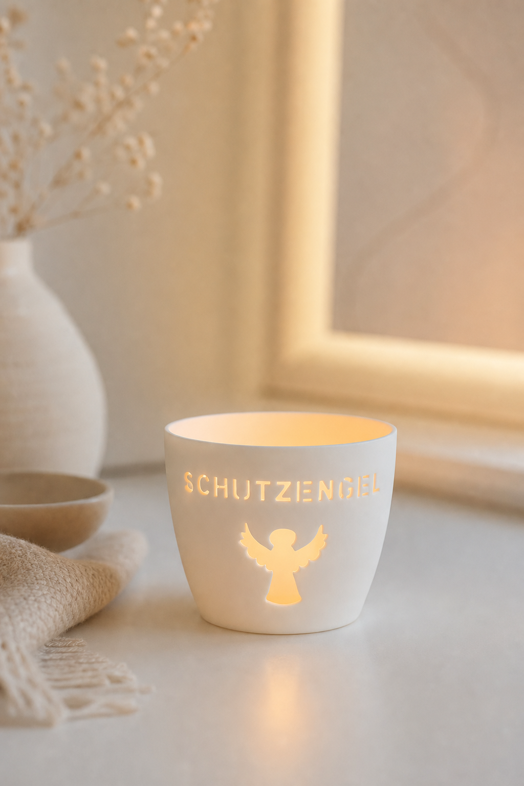 Agra Windlicht Porzellan weiß Schutzengel in einer stimmungsvollen Anwendungsszene