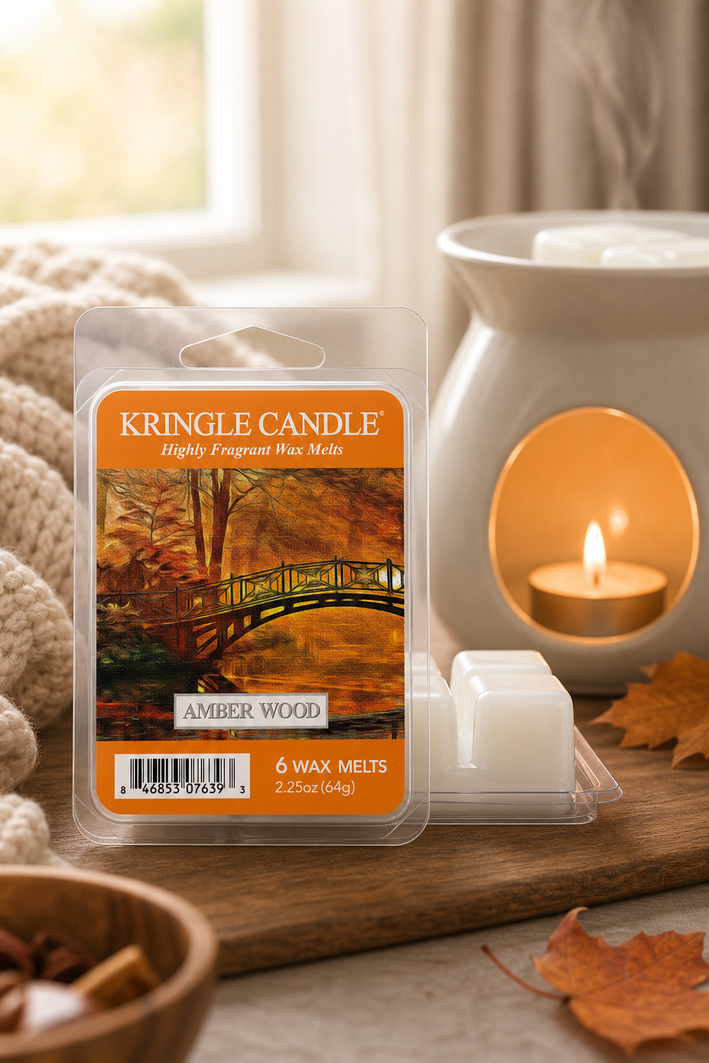 Amber Wood Wax Melts 64g in einer stimmungsvollen Anwendungsszene