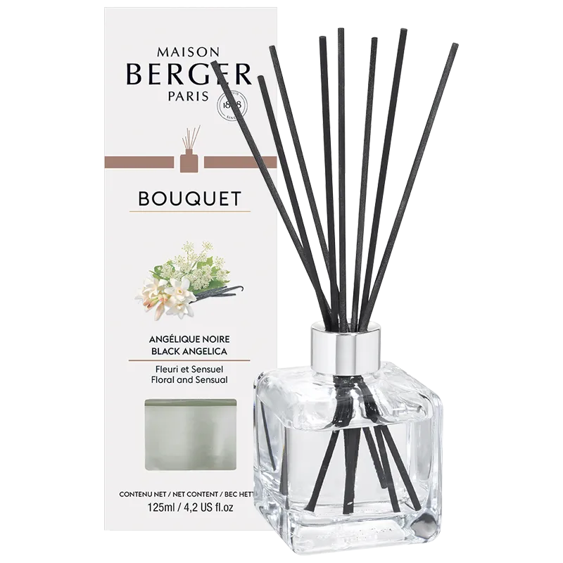 Maison Berger Diffuser und Verpackung Raumduft-Diffuser mit schwarzen Stäbchen vor Maison-Berger-Verpackung