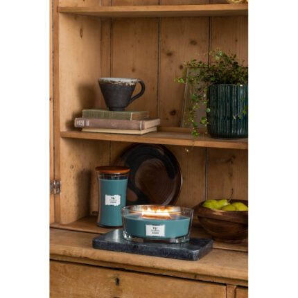 Brennende WoodWick Antiquarium Kerze vor einem Holzregal mit Pflanze und Obstschale