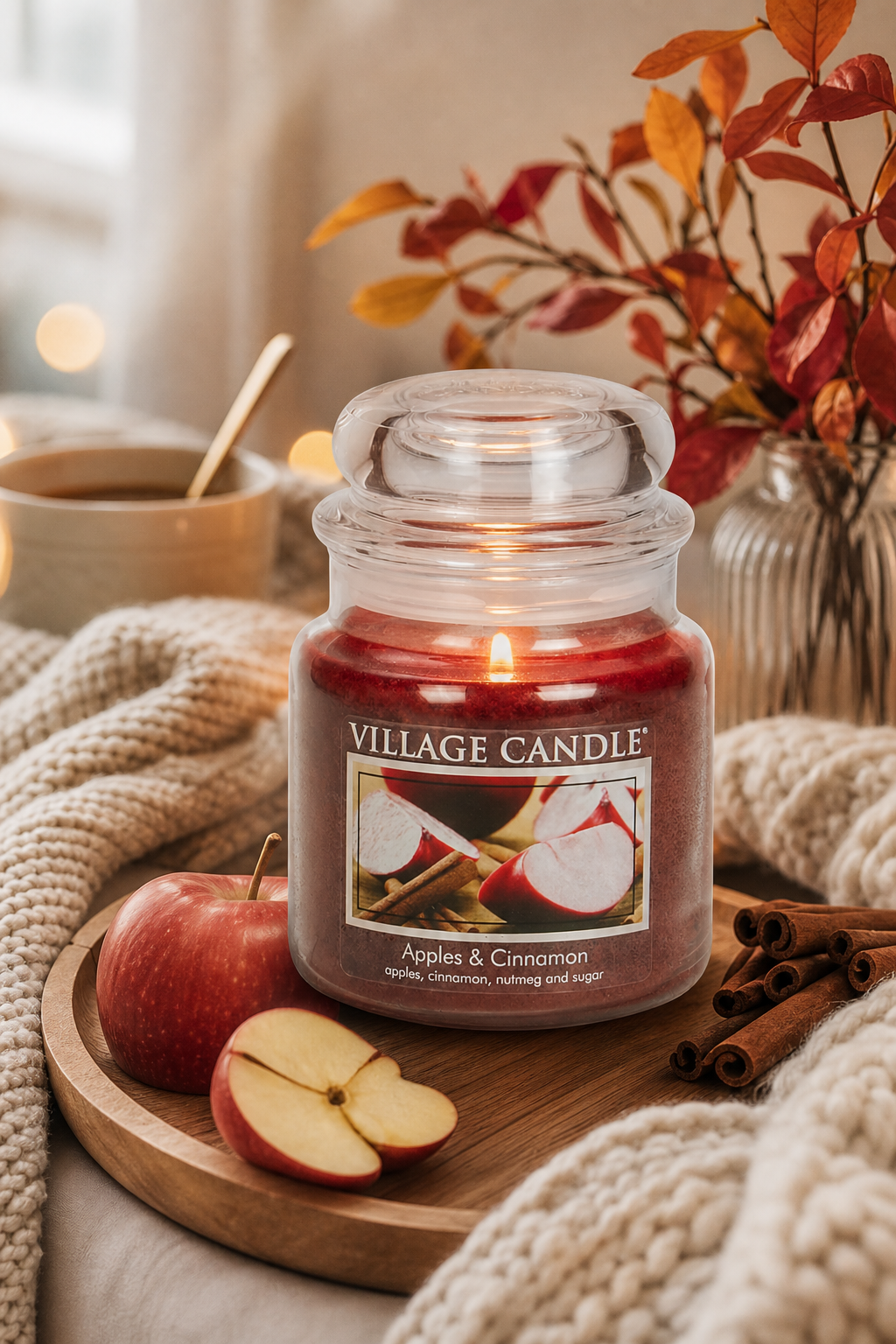 Brennende Village Candle Apples & Cinnamon Kerze neben Äpfeln und Zimtstangen