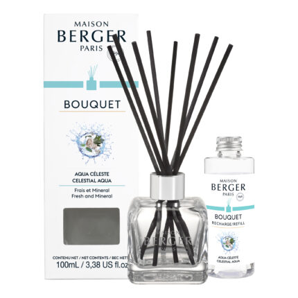 Maison Berger Diffuser mit schwarzen Duftstäbchen, Verpackung und Nachfüllflasche