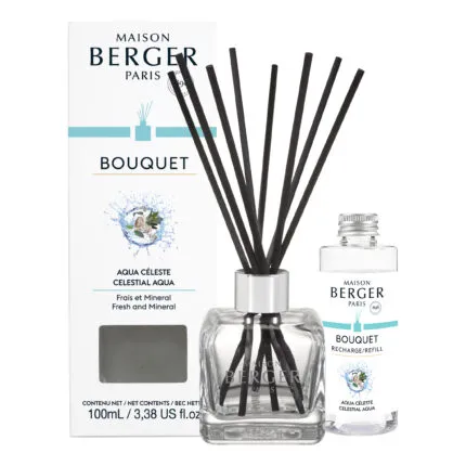 Maison Berger Diffuser mit schwarzen Duftstäbchen, Verpackung und Nachfüllflasche