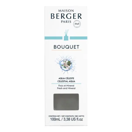 Frontansicht der Maison Berger Bouquet Aqua Céleste Verpackung mit 100 ml Inhalt