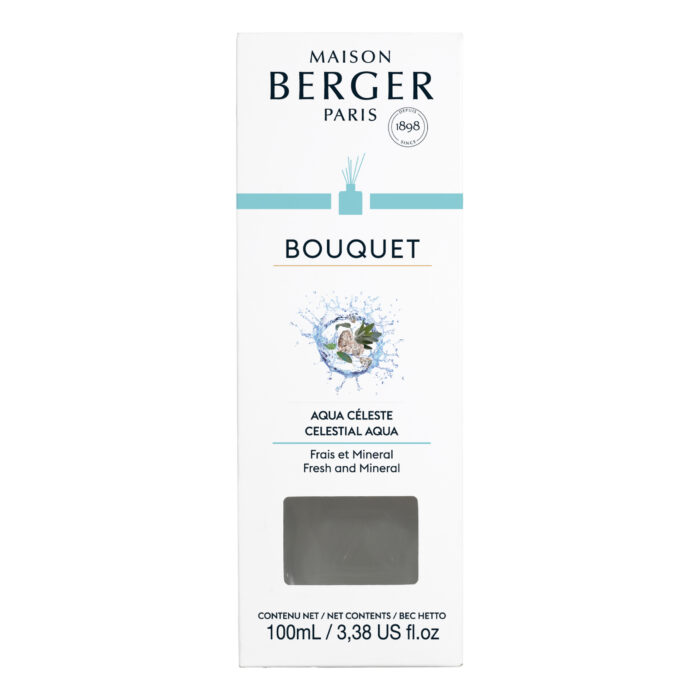 Frontansicht der Maison Berger Bouquet Aqua Céleste Verpackung mit 100 ml Inhalt