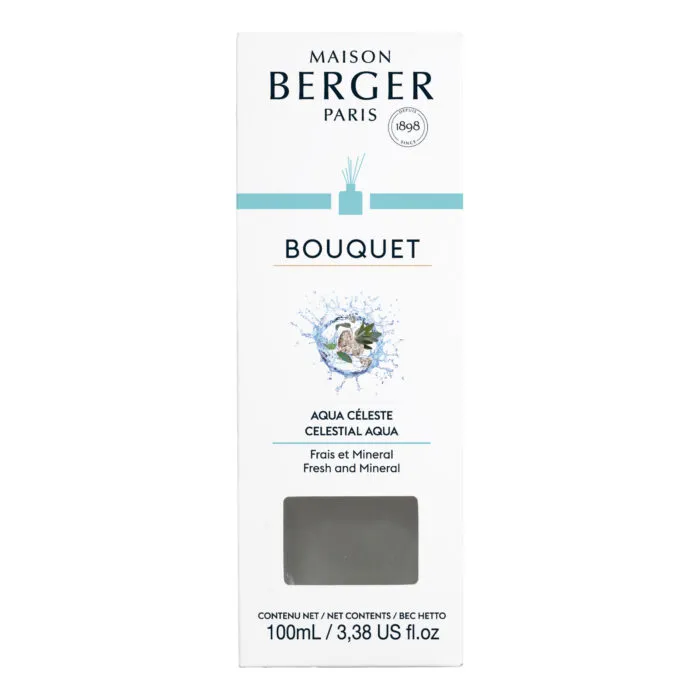 Frontansicht der Maison Berger Bouquet Aqua Céleste Verpackung mit 100 ml Inhalt