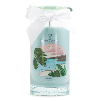 Aquatic Seaside JewelCandle im Glas mit weißer Schleife und Strandillustration