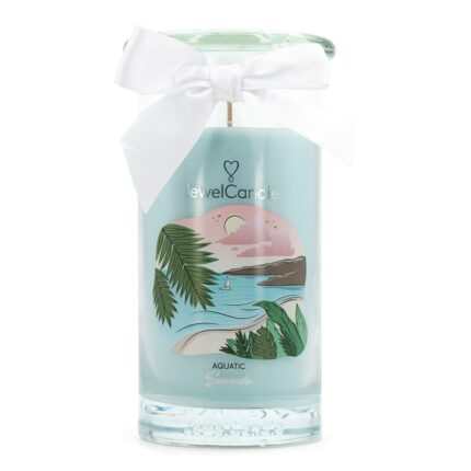 JewelCandle Aquatic Seaside im Glas mit Küstenillustration und weißer Schleife