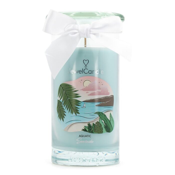 JewelCandle Aquatic Seaside im Glas mit Küstenillustration und weißer Schleife