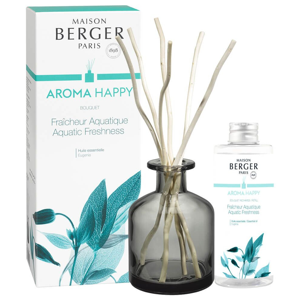 Diffuser-Set mit Verpackung Maison Berger Aroma Happy Diffuser mit Duftstäbchen, Nachfüllflasche und Karton