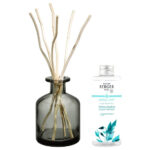 Dunkler Diffuser mit Duftstäbchen neben Aroma-Happy-Nachfüllflasche