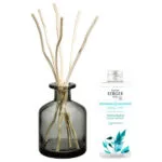 Dunkler Diffuser mit Duftstäbchen neben Aroma-Happy-Nachfüllflasche