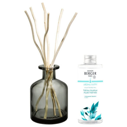 Dunkler Diffuser mit Duftstäbchen neben Aroma-Happy-Nachfüllflasche