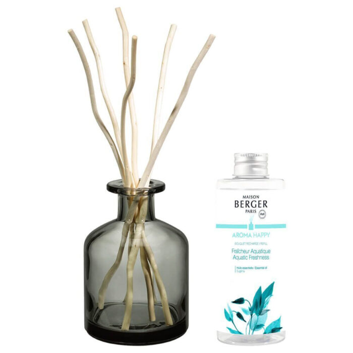 Dunkler Diffuser mit Duftstäbchen neben Aroma-Happy-Nachfüllflasche