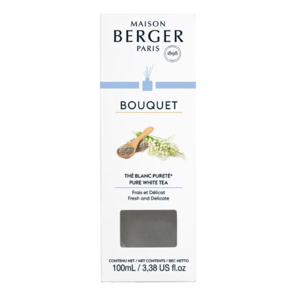 Vorderseite der Maison Berger Paris Bouquet Verpackung mit weißem Tee-Motiv