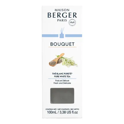 Vorderseite der Maison Berger Paris Bouquet Verpackung mit weißem Tee-Motiv