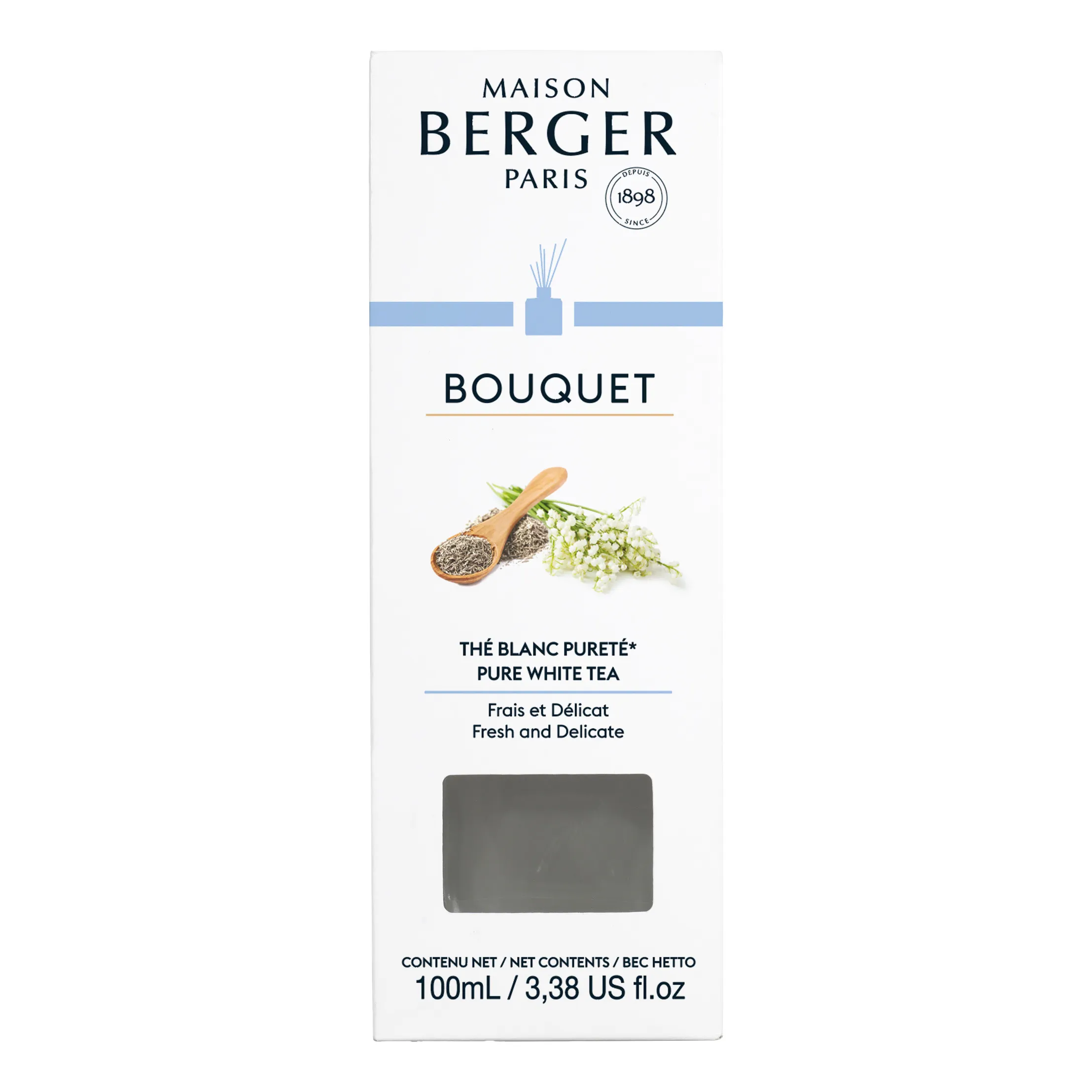 Verpackung Vorderseite Vorderseite der Maison Berger Paris Bouquet Verpackung mit weißem Tee-Motiv