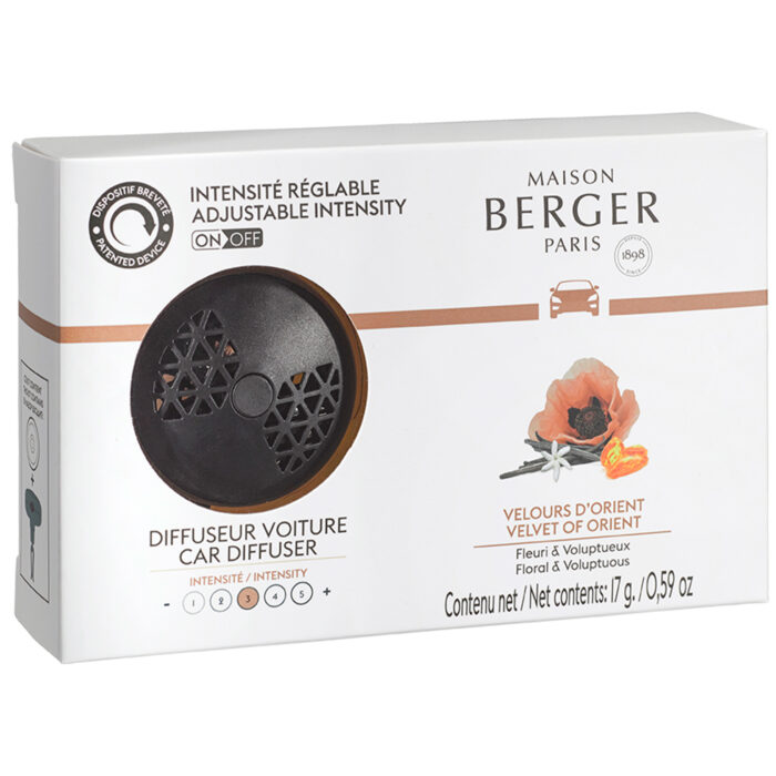Maison Berger Verpackung mit schwarzem Autoduft-Diffusor und Duftabbildung