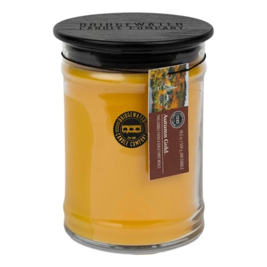 Autumn Gold Kerzenglas Bridgewater-Kerzenglas mit schwarzem Deckel und seitlichem Autumn-Gold-Etikett