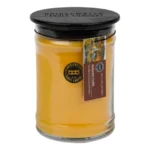 Gelbes Bridgewater-Kerzenglas mit schwarzem Deckel und Autumn-Gold-Etikett