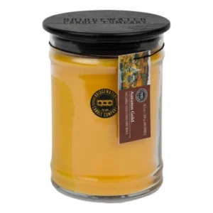 Gelbes Bridgewater-Kerzenglas mit schwarzem Deckel und Autumn-Gold-Etikett