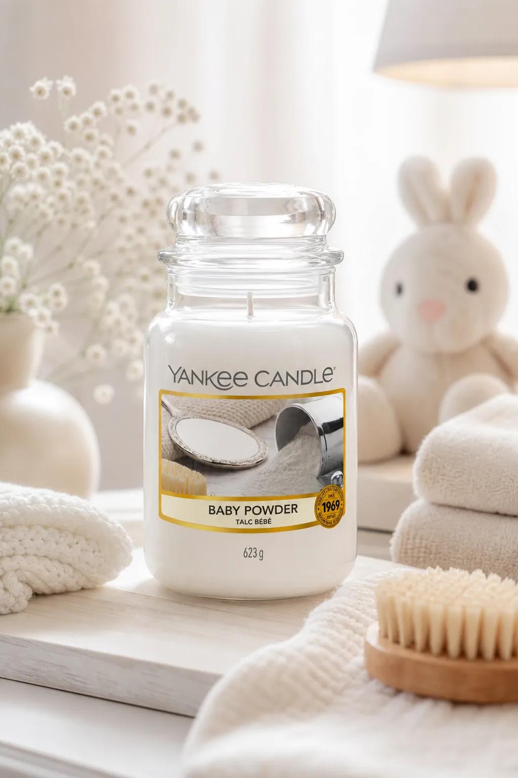 Yankee Candle Baby Powder Kerze mit Teddybär, Textilien und Haarbürste