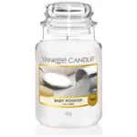 Yankee Candle Baby Powder Kerze mit sichtbarem Etikett und Deckel