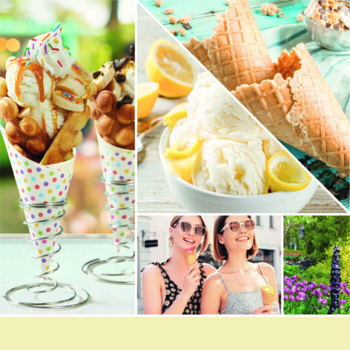 Collage aus Waffeleis, Eiswaffeln, Eiscreme und Sommermotiven