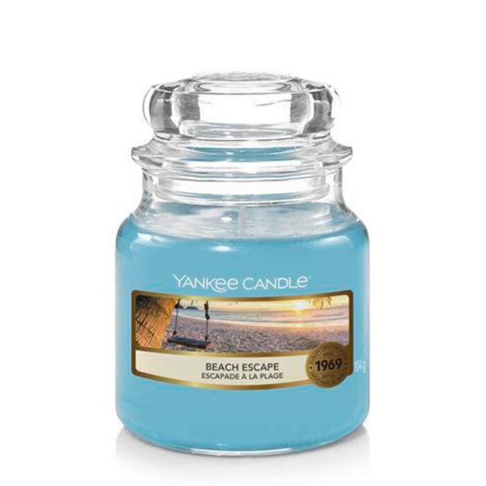 Beach Escape Kerze im Glas mit Strandmotiv und transparentem Deckel
