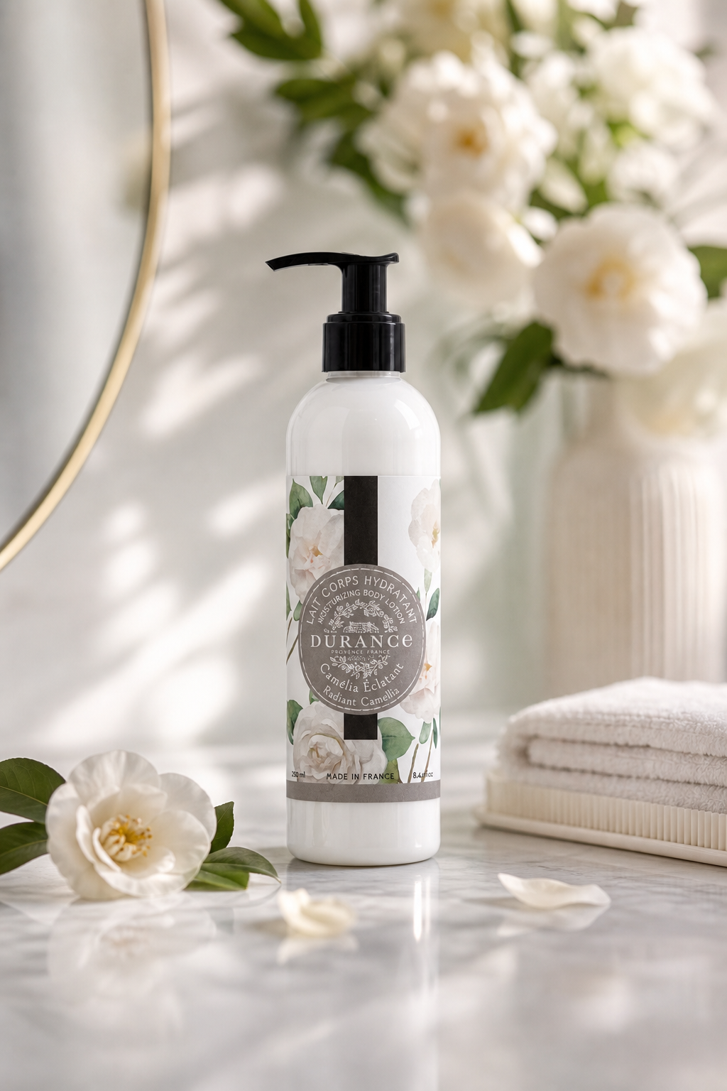 Berauschende Kamelie Bodylotion 250ml in einer stimmungsvollen Anwendungsszene