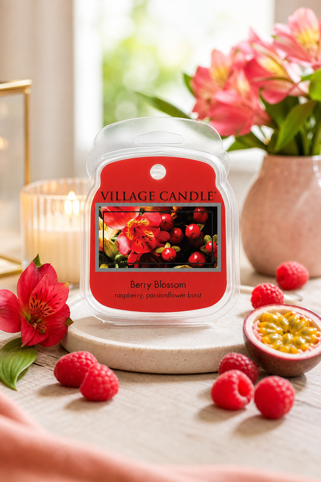 Village Candle Berry Blossom Duftwachs auf einem Tisch mit Blumen und Früchten