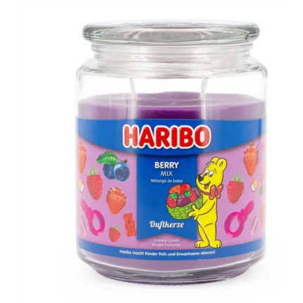Haribo Berry Mix Duftkerze im Glas mit violettem Wachs und drei Dochten