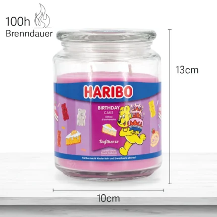 Haribo Birthday Cake Duftkerze mit Angaben zu 100 Stunden Brenndauer und Maßen