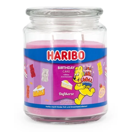 Haribo Birthday Cake Duftkerze im Glas mit pinkem Wachs