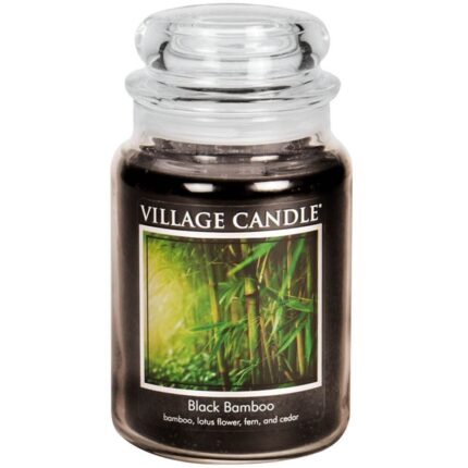 Schwarze Kerze im Glas mit transparentem Deckel und Black-Bamboo-Etikett