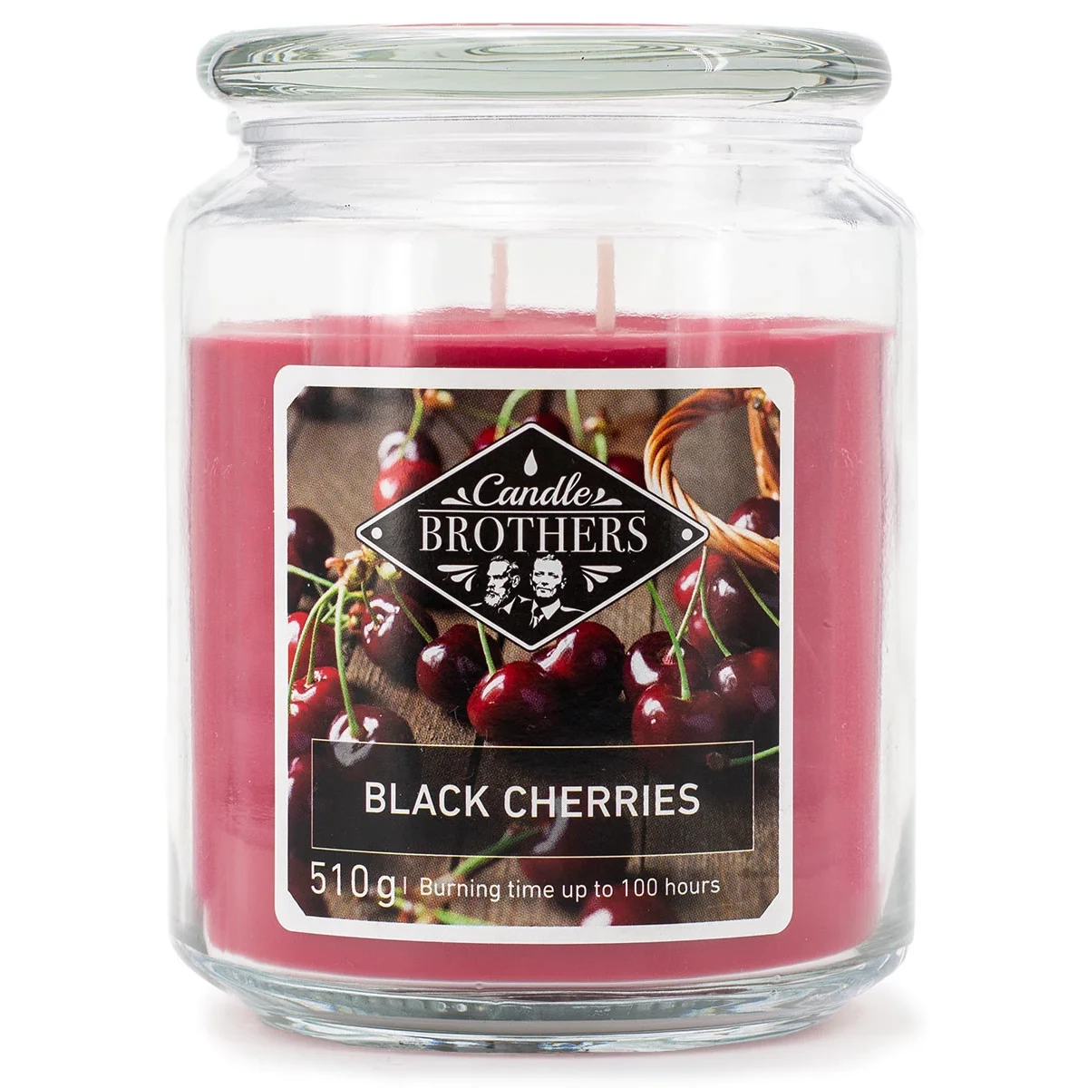 Black Cherries Duftkerze im Glas Rote Black Cherries Duftkerze im Glas mit zwei Dochten und Etikett