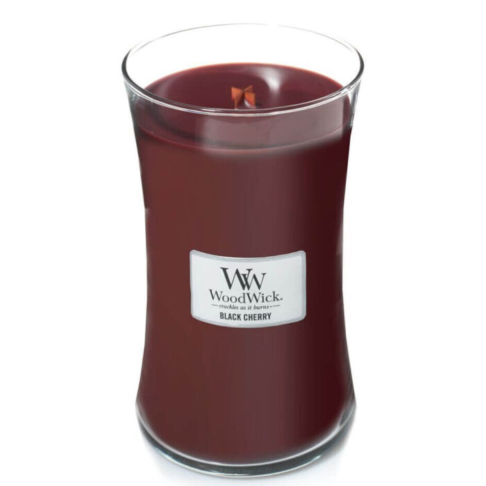 Geöffnetes WoodWick Black Cherry Kerzenglas mit sichtbarem Docht