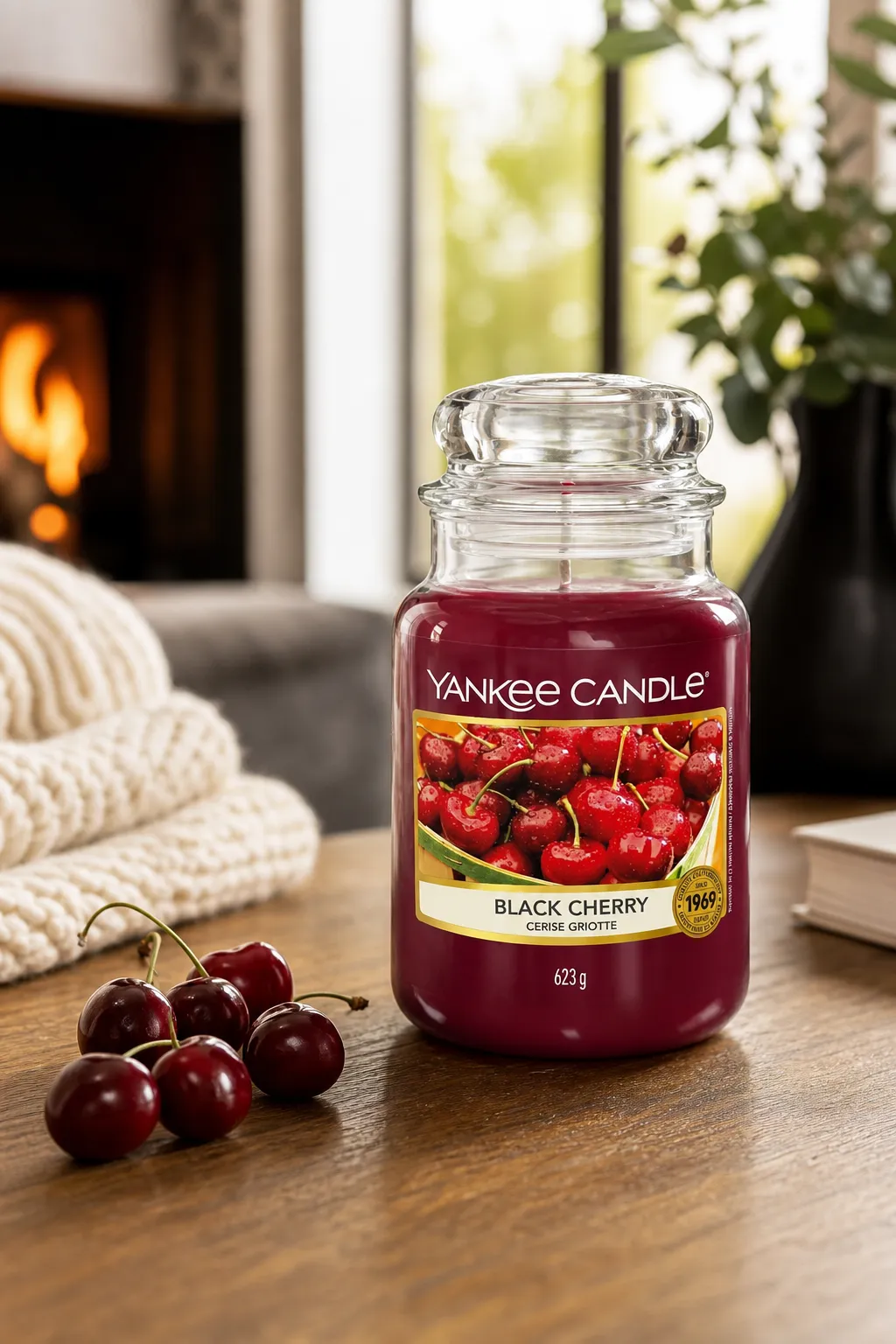 Yankee Candle Black Cherry Kerze mit Deckel auf einem Holztisch