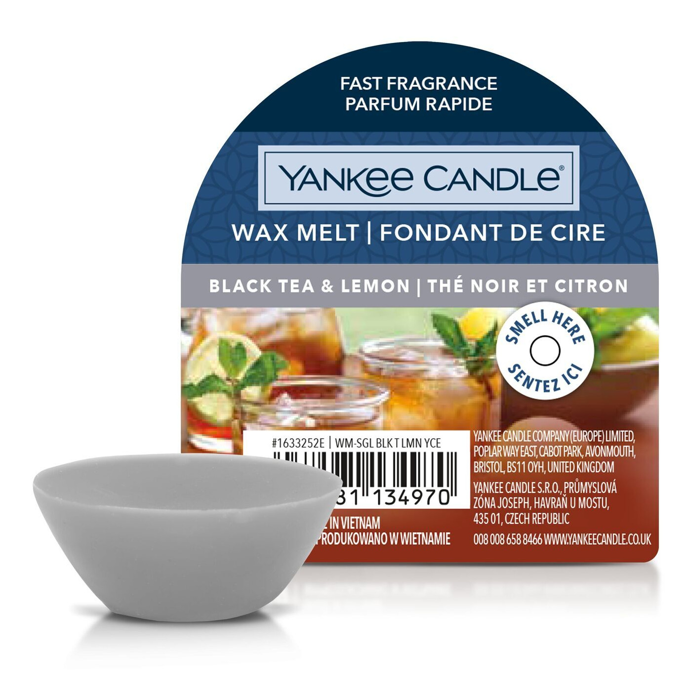 Black Tea & Lemon Wachsmelt mit Verpackung Grauer Yankee Candle Wachsmelt vor der Verpackung Black Tea & Lemon