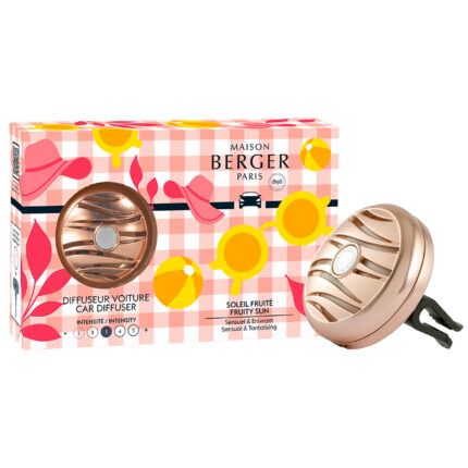 Verpackung und roséfarbener Autodiffusor mit Befestigungsclip